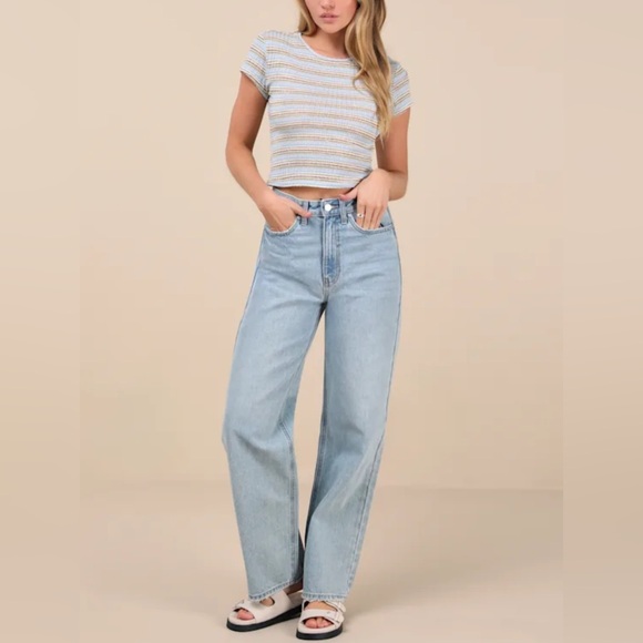 Lulus Emika Light Blue Multi Striped Ribbed Baby Tee NWT Medium - Picture 4 of 4